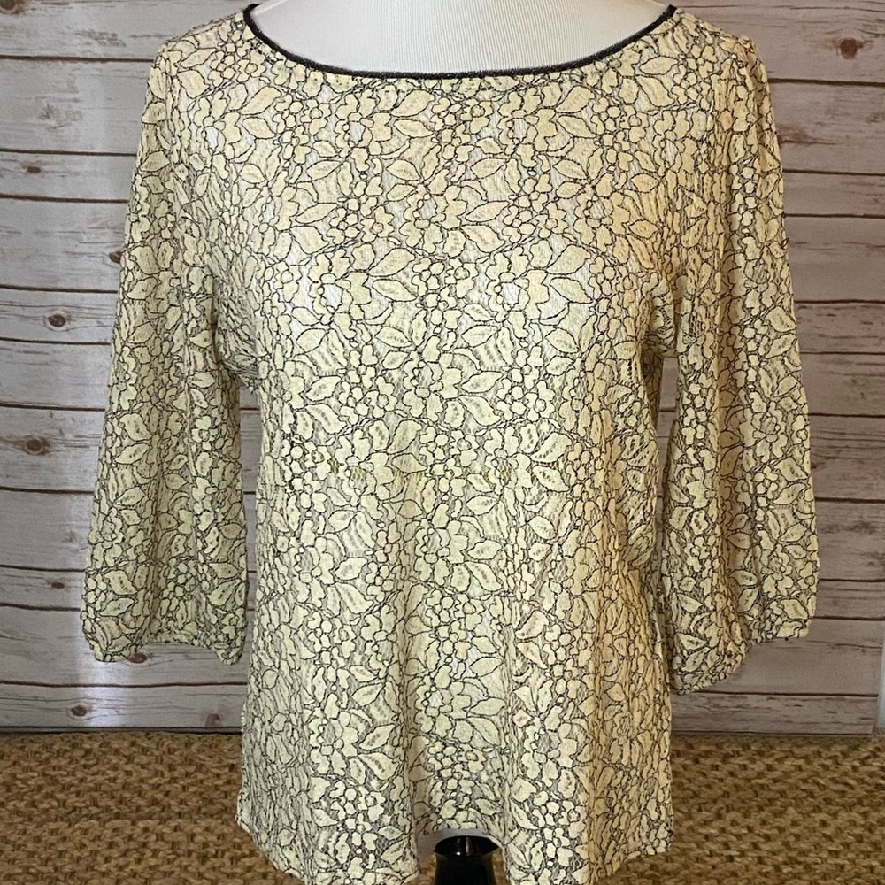 Ann Taylor LOFT ivory/black lace 3/4 length sleeve blouse Size Large